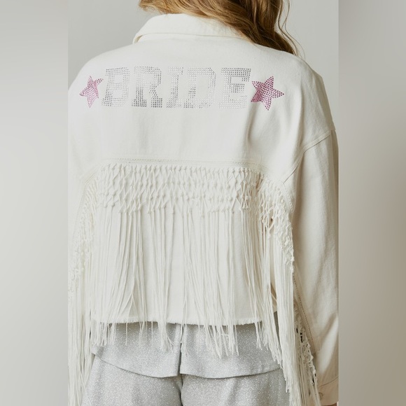 Here Comes The Bride Rhinestone Fringed Denim Jacket - Picture 6 of 7